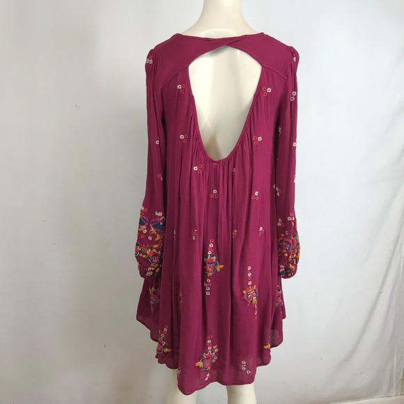 Free People Embroidered V Neck Long Sleeve Mini Dress Berry Size L - Picture 5 of 8